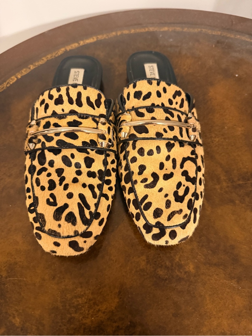 Steve Madden leopard cow hair mules 8